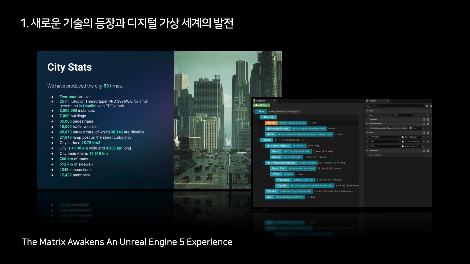 왼쪽에 도시 통계 수치 목록, 오른쪽에 상태 노드가 이어진 편집기 창을 나란히 띄운 화면