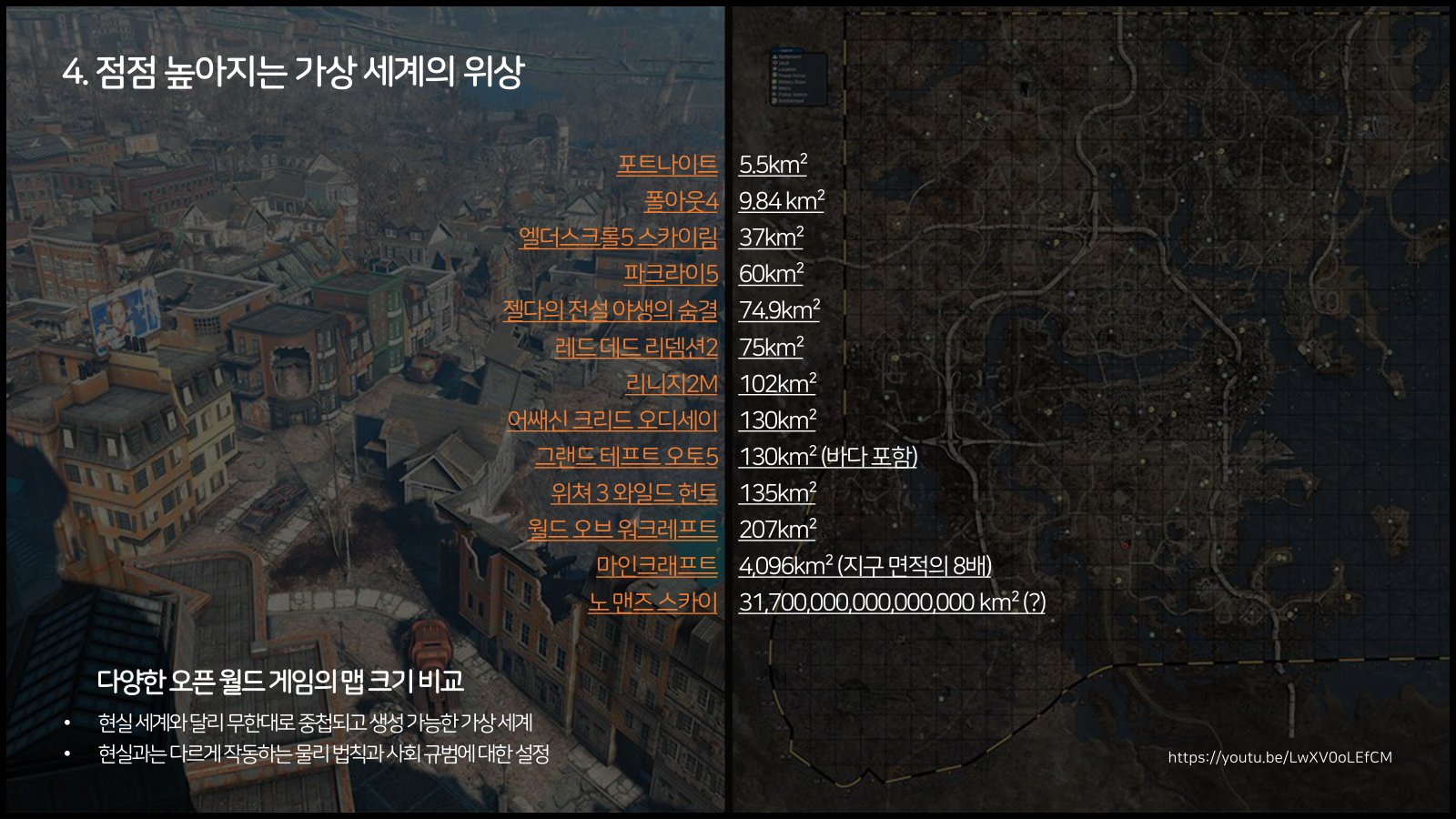 왼쪽 게임 화면과 오른쪽 지도 사이에 게임 이름과 맵 면적 수치가 위에서 아래로 늘어선 화면