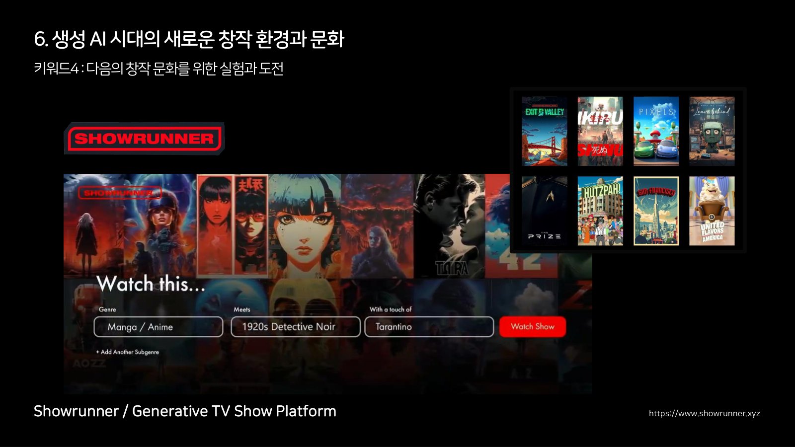 쇼러너 로고 아래 Watch this 인터페이스. Genre, Meets, With a touch of 세 칸에 Manga / Anime, 1920s Detective Noir, Tarantino가 들어가 있고 옆에 Watch Show 버튼, 오른쪽에 생성된 쇼 포스터 여덟 장이 격자로 놓여 있다